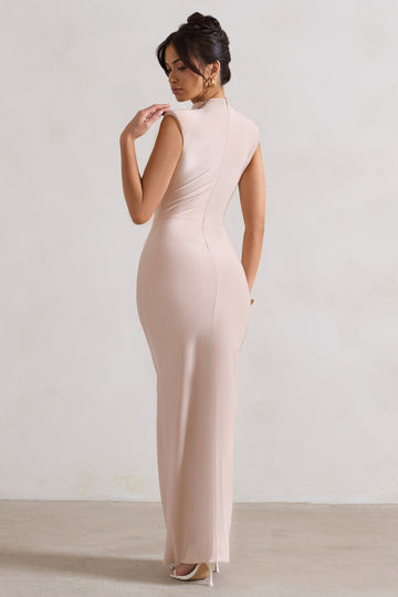 Samira Champagne Ruched High-Neck Split Maxi Dress